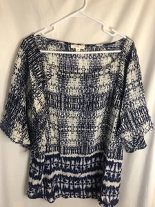 BLL New York Blouse top blue white batik print Festival boho sz L gauzy - Picture 1 of 5