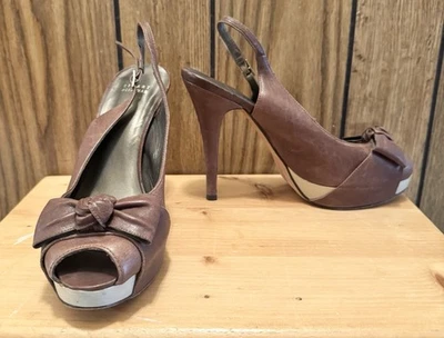 Woman STUART WEITZMAN brown Platform Peep Toe Leather Sling back Heels Shoes 10 - Image 1 of 4