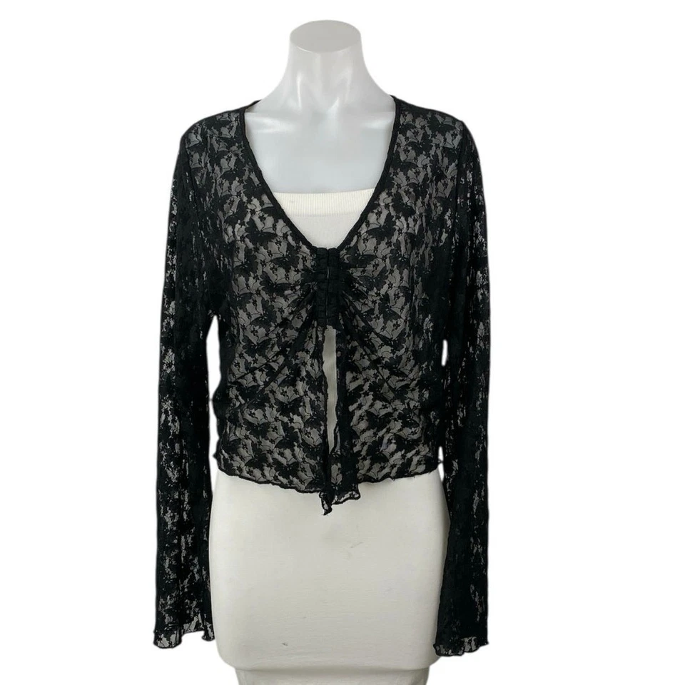 Top corto transparente manga larga de encaje negro con cuello en V negro talla XL de H&M Divided para mujer Foto 1 de 4