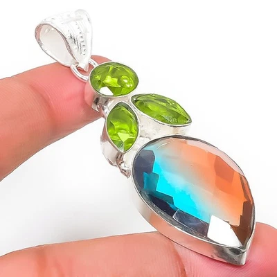 Bi-Color Tourmaline, Peridot Gemstone 925 Sterling Silver Jewelry Pendant 2.56" - Image 1 of 4