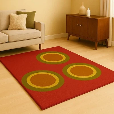 Retro circle accent rug_ Red with green & mustard rings. - Image 1 of 4