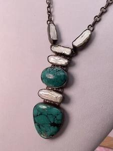 Antique Turquoise Pearl Sterling Silver 925 Necklace 38.40g - Picture 1 of 11