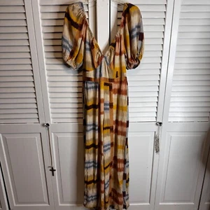 ANTHROPOLOGIE RANNA GILL MED BOHO FLAX LINEN BLEND PUFF SLEEVE WIDE LEG JUMPSUIT - Picture 1 of 9