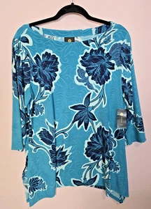 Top tunica JM COLLECTION nuovo con etichette taglia XLPetite Seafrost blu maglia jacquard manica 3/4 - Foto 1 di 12