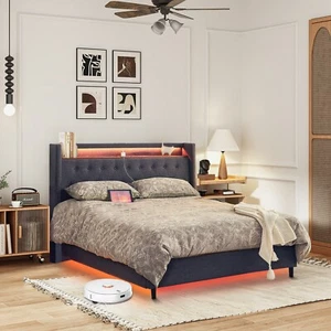 Queen Size LED Bed Frame with Upholstered Storage Headboard and Charging Station - Picture 1 of 9