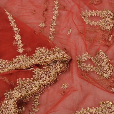 Estola con cuentas a mano roja oscura malla red Dupatta Zardozi boda vintage sánscriti Foto 1 de 4
