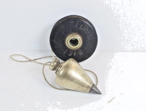 Bob de plomada de latón antiguo de 8 oz de hallazgo raro con carrete de madera y latón firmado 1918 Inv#RM17 - Imagen 1 de 5