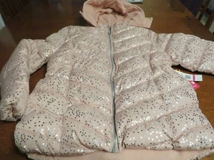 NEW Girl's Pink Platinum Blush Puffer Jacket w/Silver Spray Foil Print NWT 14/16 - Picture 1 of 8