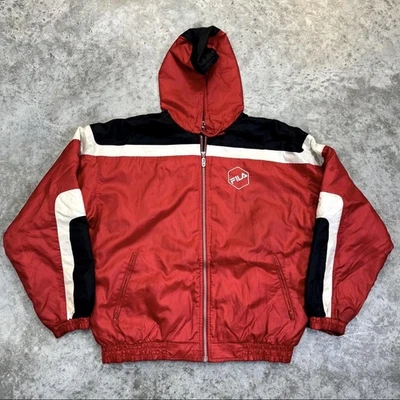 Fila Windbreaker Jacket Mens Large Red Black White Hooded Full Zip Colorblock - Image 1 of 4