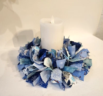 Blue Christmas Fabric Candle Ring Wreath Handmade - Image 1 of 4