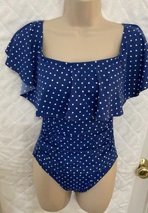 Lauren Ralph Lauren One Piece Swimsuit Womens 4 Blue Polka Dot Off The Shoulder - Picture 1 of 17