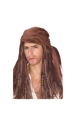 CARIBBEAN PIRATE COSTUME WIG BUCCANEER JACK SPARROW FANCY DRESS MENS HALLOWEEN - Image 1 of 2