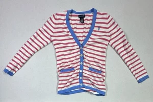 Ralph Lauren Girls Striped Cardigan L 12/14 Pink White Blue Trim Cotton - Picture 1 of 5