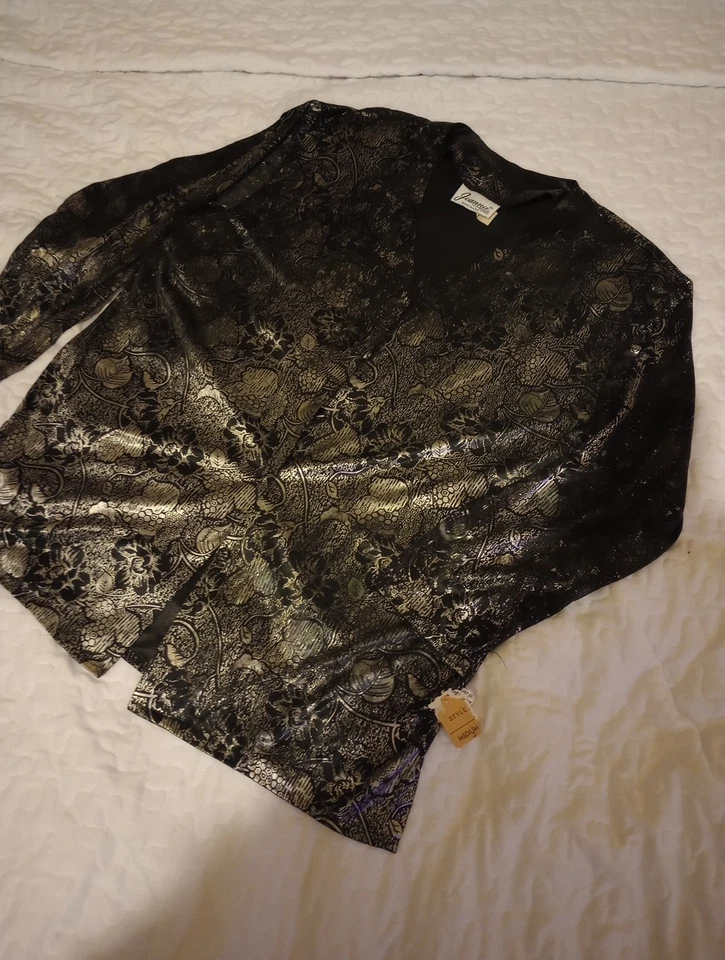 Blusa Joanna Vintage Años 80 Metálica Estampado Dorado y Negro Talla Mediana Manga Larga Foto 1 de 3