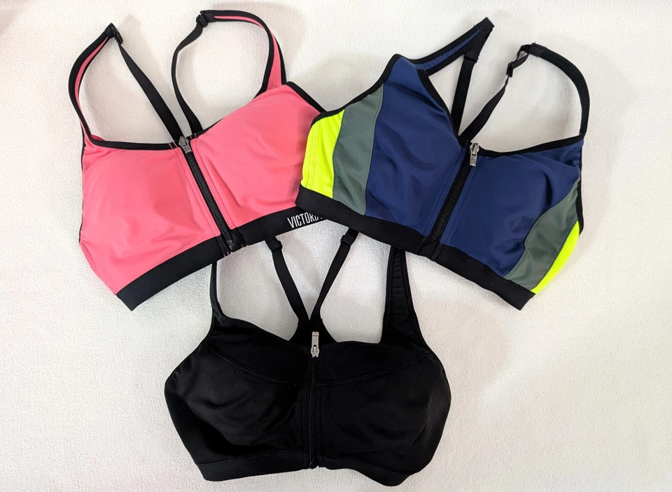 Victoria's Secret Sujetador Deportivo 34B Negro Rosa Azul Rayas Lote de 3 Cierre Frontal Foto 1 de 4