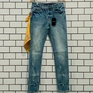 JEAN BLU CARATI MCQUEEN 5 TASCHE SLIM FIT SPLATTER CANDEGGINA - Foto 1 di 4