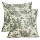 French Country Pillow Cover Set Of 2 18X18 Inch Vintage Toile Green Cotton Li...