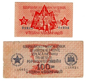 SLOVENIA, 50 and 100 LIT / LIRE 1944 - partisan money, WWII , PS104 and PS105 - Picture 1 of 2