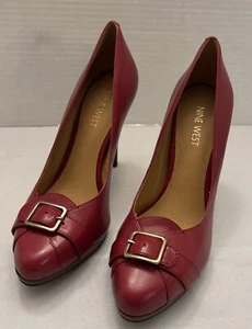 NINE WEST Red Heels Women Size 7 Leather Gold Buckle 4" Round Toe Pumps Dress - Picture 1 of 13