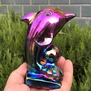 530g Natural Quartz Electroplated Rainbow Crystal Dolphins Healing Gift,Ly70 - Picture 1 of 12