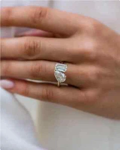 3.50 Ct Two-Stone Pear Cut and Emerald Cut Dainty Engagement Ring in 925 Silver - Picture 1 of 4