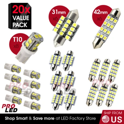 20x Combo LED Interior Coche Luz Interior Cúpula Mapa Puerta Matrícula Luces Blanco Foto 1 de 4