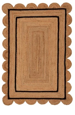 scallop jute rug design rustic look  living room carpet area rug beige + black - Image 1 of 4