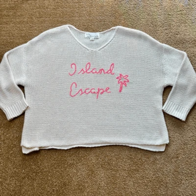 Vintage Havana Womens White Pink Island Escape Embroidered Knit Sweater Medium - Image 1 of 4