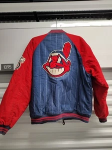 Bomber vintage Cleveland Indians Mirage MLB pinestripe Big Chief Wahoo americano RARO - Foto 1 di 24