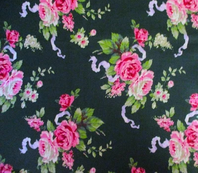 Vintage Dark Green Chintz Floral Fabric, Pink Roses, 1 3/4 yds. - Image 1 of 3