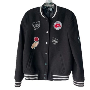 H&M Divided Varsity Jacket Womens Black Long Sleeve Patches Riot Girl Vampire - Picture 1 of 15