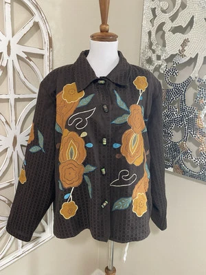 Alex Kim Size 1x Embroidered Flower Brown Padded Shoulder Rayon Blazer Jacket - Image 1 of 4