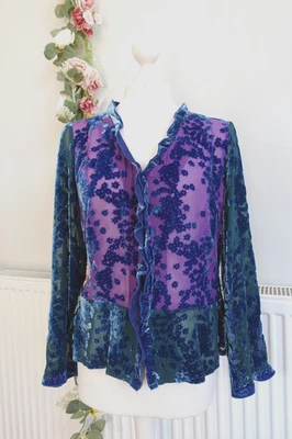 GORGEOUS VINTAGE MONSOON BLUE MAUVE PINK FLORAL SILK MIX VELVET DEVORE BLOUSE 14 - Image 1 of 4