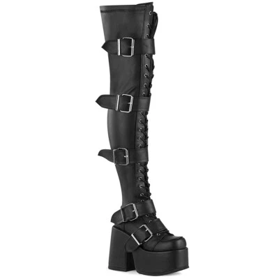 DEMONIA CAMEL-305 Women's Black 5" Chunky Heel Platform Thigh-High Lace-Up Boots - Image 1 of 4