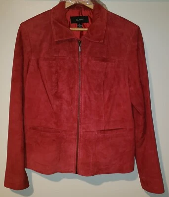 Женская богатая красная замшевая кожаная куртка Alfani на молнии спереди с подкладкой с длинным рукавом ~ размер L - Изображение 1 из 4