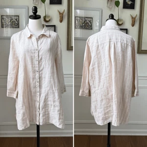Chico’s Beige White Stripe 100% Linen Button Up Shirt Tunic 4 20 22 2X - Picture 1 of 7