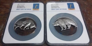 SET DEAL 2021 x2 Chad 999 Silver OZ Shaped Bull Bear Coin NGC MS70 ER Antiqued - Picture 1 of 10