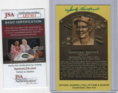 Sandy Koufax Signed Yellow Hall of Fame Plaque Postcard JSA Auto HOF Post Card - Image 1 of 4
