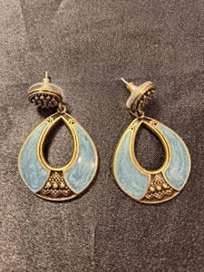 Edgar Berebi goldfarbene tropfenförmige Boho Ohrhänger jeansblau Emaille - Bild 1 von 8