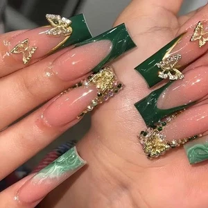 Gold Butterfly Press on Nails Long Square Fake Nails Green French Tip Fake - Picture 1 of 5