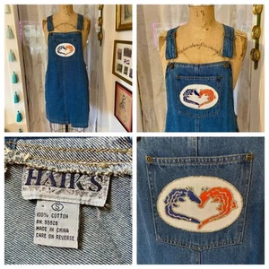 vtg HAIK'S Blue Denim Jumper Overalls Mini Dress UF Gators Glitter Applique S - Picture 1 of 11