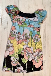 PINK VANILLA girls bright Blue Pink Yellow Black Flower Print DRESS Sz S - Picture 1 of 9