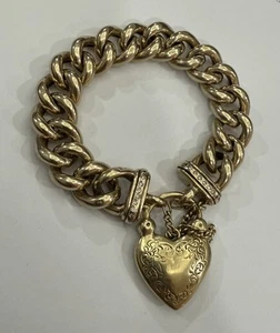9ct Yellow Gold And Diamond Rounded Curb Bracelet Heart Padlock 55.91 Grams - Picture 1 of 4