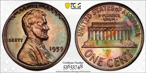 MS65BN 1959 1C Lincoln Wheat Cent, PCGS Trueview- Rainbow Toned (Only 1 Finer!) - Picture 1 of 9