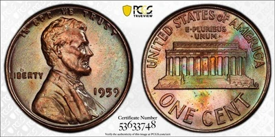 MS65BN 1959 1C Lincoln Wheat Cent, PCGS Trueview- Rainbow Toned (Only 1 Finer!) - Image 1 of 4