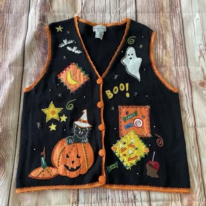 Vintage 90er Basic Edition Halloween Pullover Weste XL Applikation schwarz Katze Kürbis - Bild 1 von 10