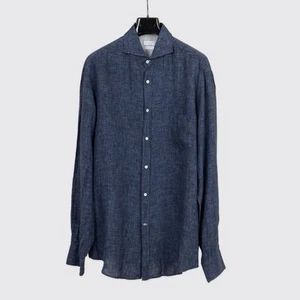 Brunello Cucinelli Linen Dress Shirt 3XL Slim Fit Dark Blue Melange - Picture 1 of 4