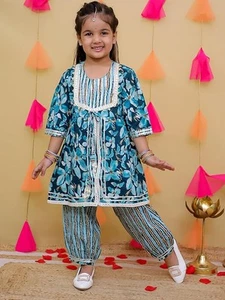 Girla Ethnic Bollywood 3/4th Sleeves Floral Print Cotton Suit Set For Girls - Picture 1 of 23