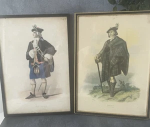 Pair 1840s Scottish Regimental Prints Hand Painted Tartan Military Uniforms - Picture 1 of 10