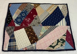 Vintage Antique Patchwork Quilt Table Topper, Crazy, Calico Patches, Blue, Multi - Picture 1 of 14